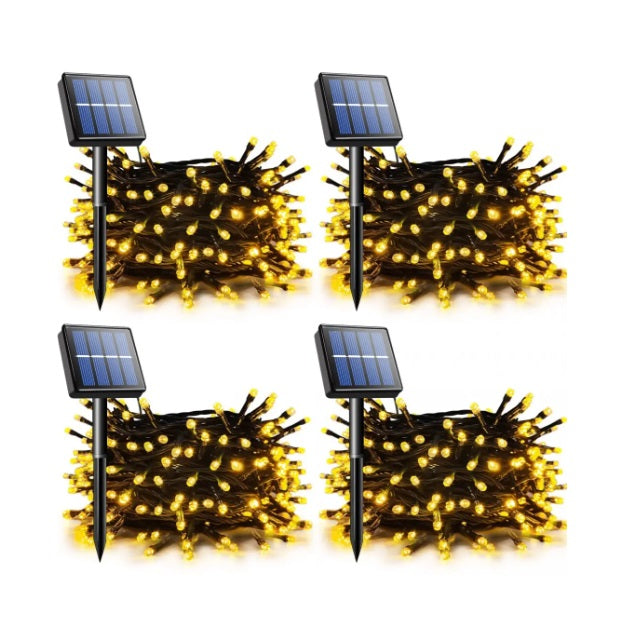 Set 4 x Decoratiune Solara 100 LED, 10 Metri Alb Cald– Iluminat Decorativ Exterior cu Panou Solar, Rezistente la Intemperii