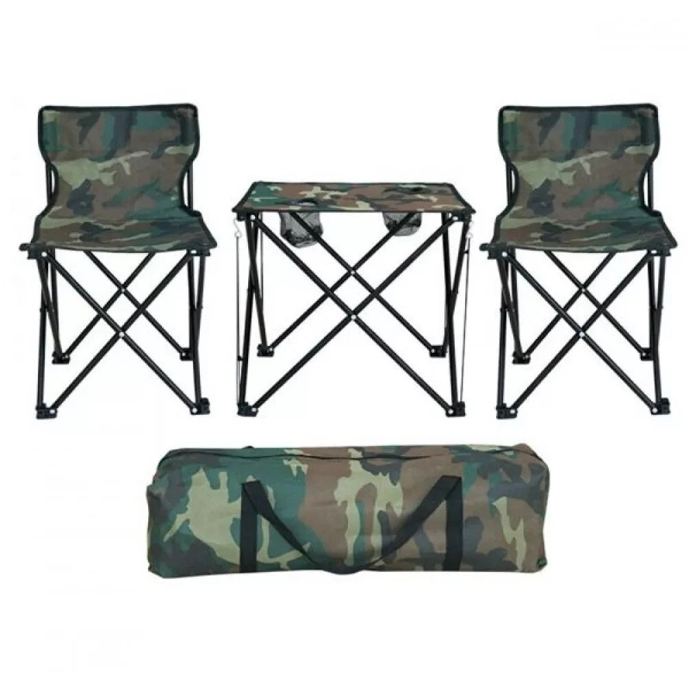 Set Camping Pliabil 3 Piese – 2 Scaune si Masuta Camuflaj cu Geanta Transport, Ideal pentru Pescuit si Drumetii