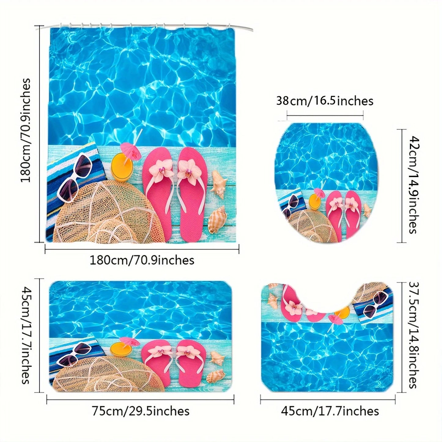 Set Pentru Baie Premium cu 4 Piese: Perdea, Covorase Si Husa De Toaleta - Summer Beach