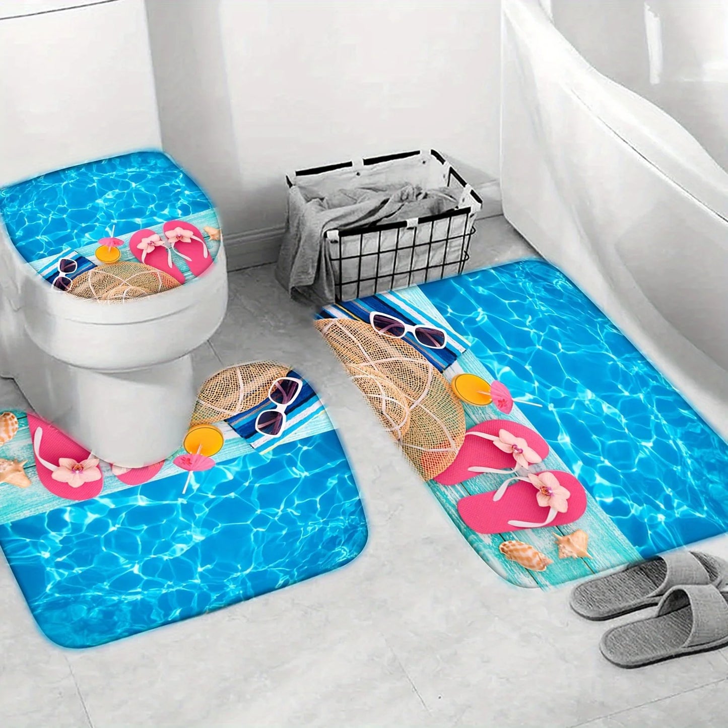 Set Pentru Baie Premium cu 4 Piese: Perdea, Covorase Si Husa De Toaleta -  Summer Beach