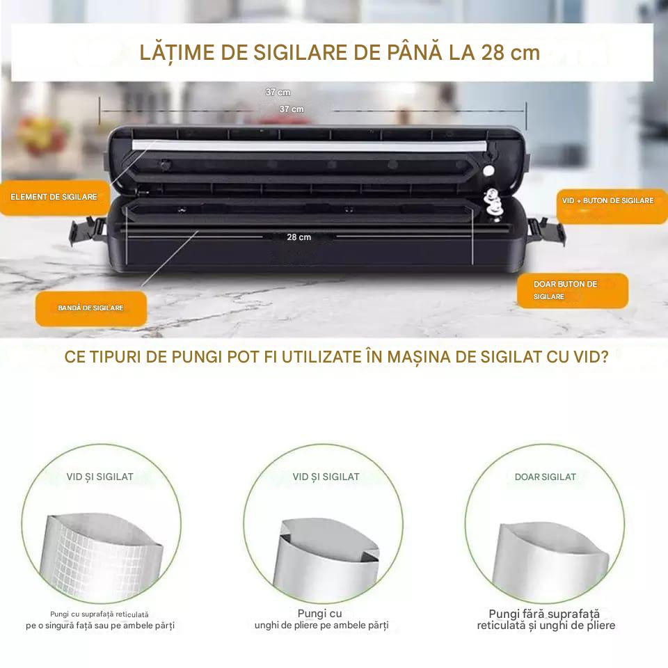 Aparat de Vidat Vacuum Sealer, Sigilare Automata, Putere 90W, pentru Pastrarea Alimentelor Proaspete mai Mult Timp