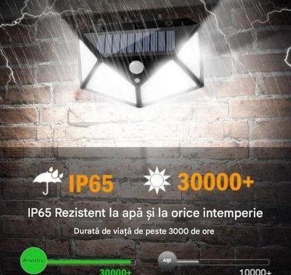 Lampa Solara cu Senzor de Miscare, 100 LED, Iluminare 3 Laturi, IP65 pentru Exterior