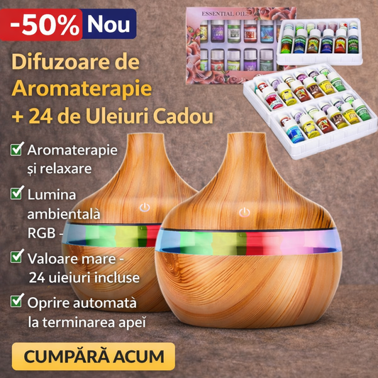 Difuzor Aromaterapie 1+1 si Cadou 24 Uleiuri Esentiale, LED, Silentios