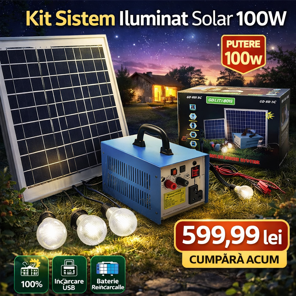 Kit Sistem Iluminat Solar 100W, 220V Portabil cu Panou Fotovoltaic si 3 Becuri LED – Generator Solar pentru Camping, Casa si Situatii de Urgenta