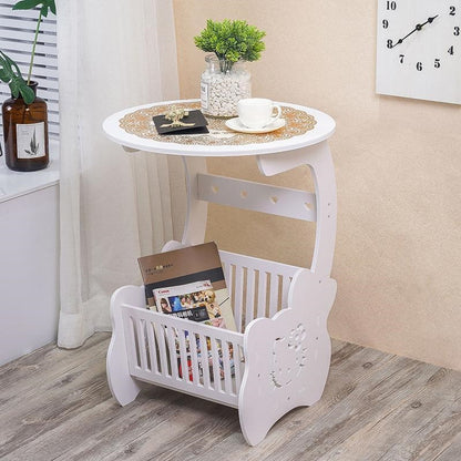 Set 2 x Masuta Rotunda Alba, cu Spatiu Depozitare, Design Modern, din PVC, Ideala pentru Living, Dormitor sau Balcon