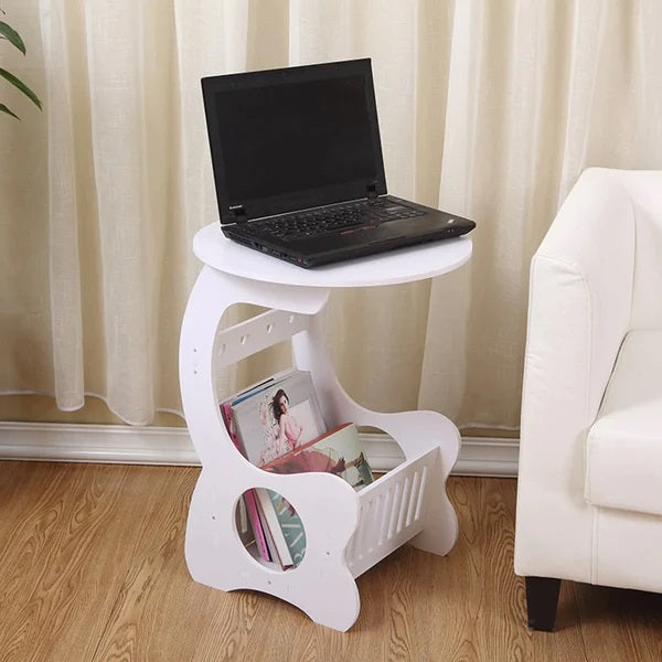 Set 2 x Masuta Rotunda Alba, cu Spatiu Depozitare, Design Modern, din PVC, Ideala pentru Living, Dormitor sau Balcon