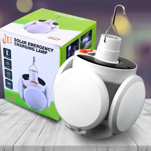 Set 2 x Bec cu Panou Solar si Incarcare USB, Lampa Camping si Urgenta cu Carlig, 3 Panouri Iluminare 360°, Acumulator Inclus