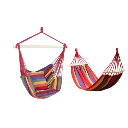 Set 2 x Hamac Gradina – Hamac Tip Scaun cu Bara din Lemn + Hamac Colorat cu Bare din Lemn, Ideal pentru Terasa si Relaxare Exterior