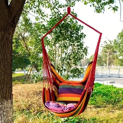 Set 2 x Hamac Gradina – Hamac Tip Scaun cu Bara din Lemn + Hamac Colorat cu Bare din Lemn, Ideal pentru Terasa si Relaxare Exterior