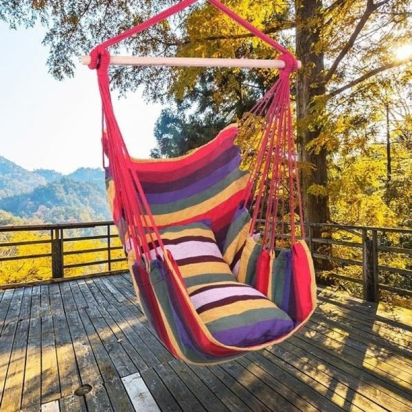 Set 2 x Hamac Gradina – Hamac Tip Scaun cu Bara din Lemn + Hamac Colorat cu Bare din Lemn, Ideal pentru Terasa si Relaxare Exterior