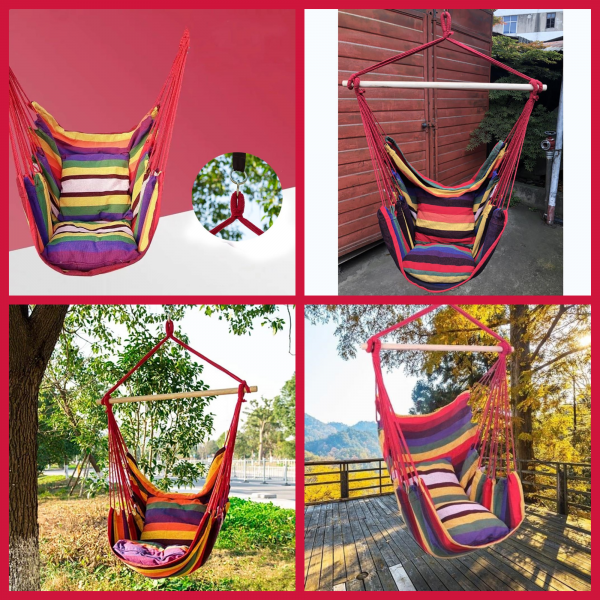 Set 2 x Hamac Gradina – Hamac Tip Scaun cu Bara din Lemn + Hamac Colorat cu Bare din Lemn, Ideal pentru Terasa si Relaxare Exterior