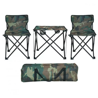 Set Camping Pliabil 3 Piese – 2 Scaune si Masuta Camuflaj cu Geanta Transport, Ideal pentru Pescuit si Drumetii