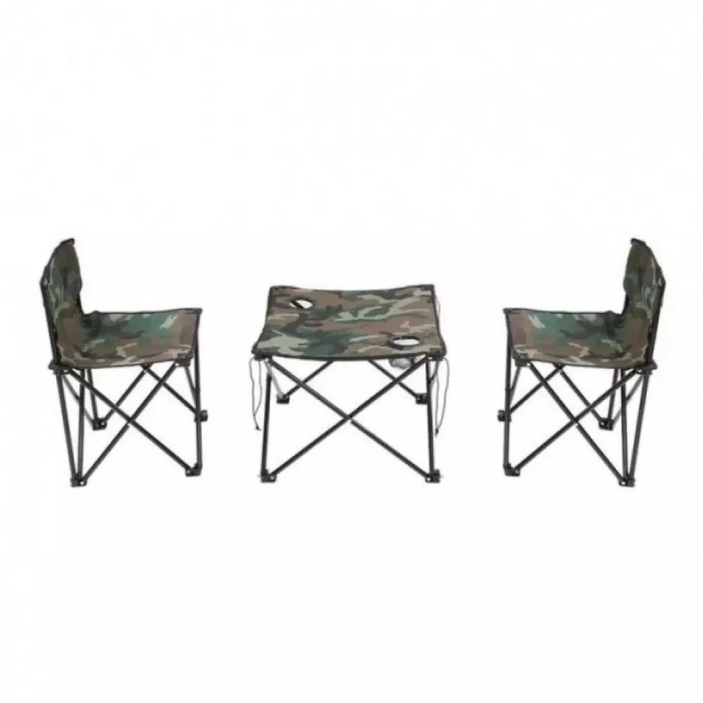 Set Camping Pliabil 3 Piese – 2 Scaune si Masuta Camuflaj cu Geanta Transport, Ideal pentru Pescuit si Drumetii