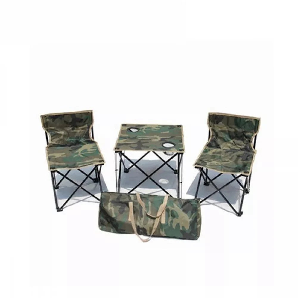 Set Camping Pliabil 3 Piese – 2 Scaune si Masuta Camuflaj cu Geanta Transport, Ideal pentru Pescuit si Drumetii