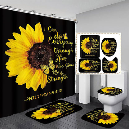 Set Pentru Baie Premium cu 4 Piese: Perdea, Covorase Si Husa De Toaleta - Sunflower