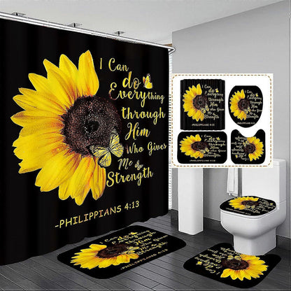 Set Pentru Baie Premium cu 4 Piese: Perdea, Covorase Si Husa De Toaleta - Sunflower