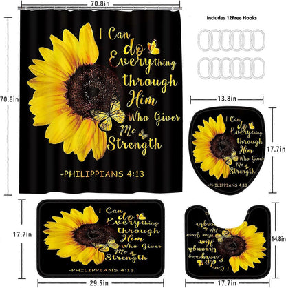 Set Pentru Baie Premium cu 4 Piese: Perdea, Covorase Si Husa De Toaleta - Sunflower