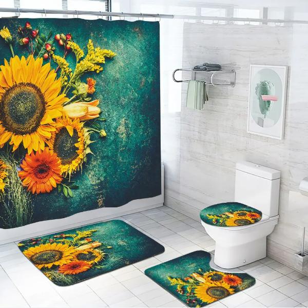 Set Pentru Baie Premium cu 4 Piese: Perdea, Covorase Si Husa De Toaleta - Yellow Sunflower