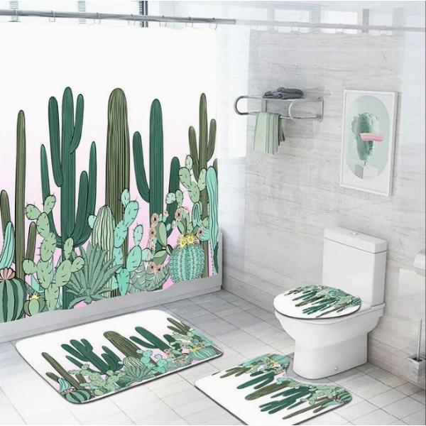 Set Pentru Baie Premium cu 4 Piese: Perdea, Covorase Si Husa De Toaleta - Cactus Plant
