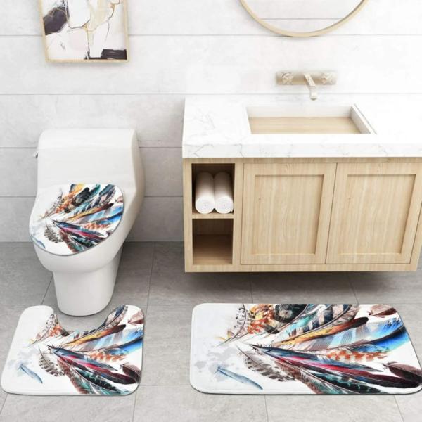 Set Pentru Baie Premium cu 4 Piese: Perdea, Covorase Si Husa De Toaleta - Simple Leaves