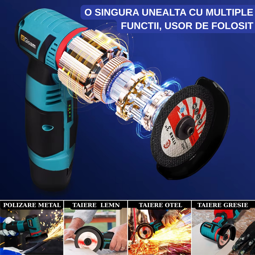 Mini Polizor GrinderPro 500W cu 2 Acumulatori 48V si 6 Discuri Incluse, Portabil si Puternic pentru Taiat Metal si Lemn