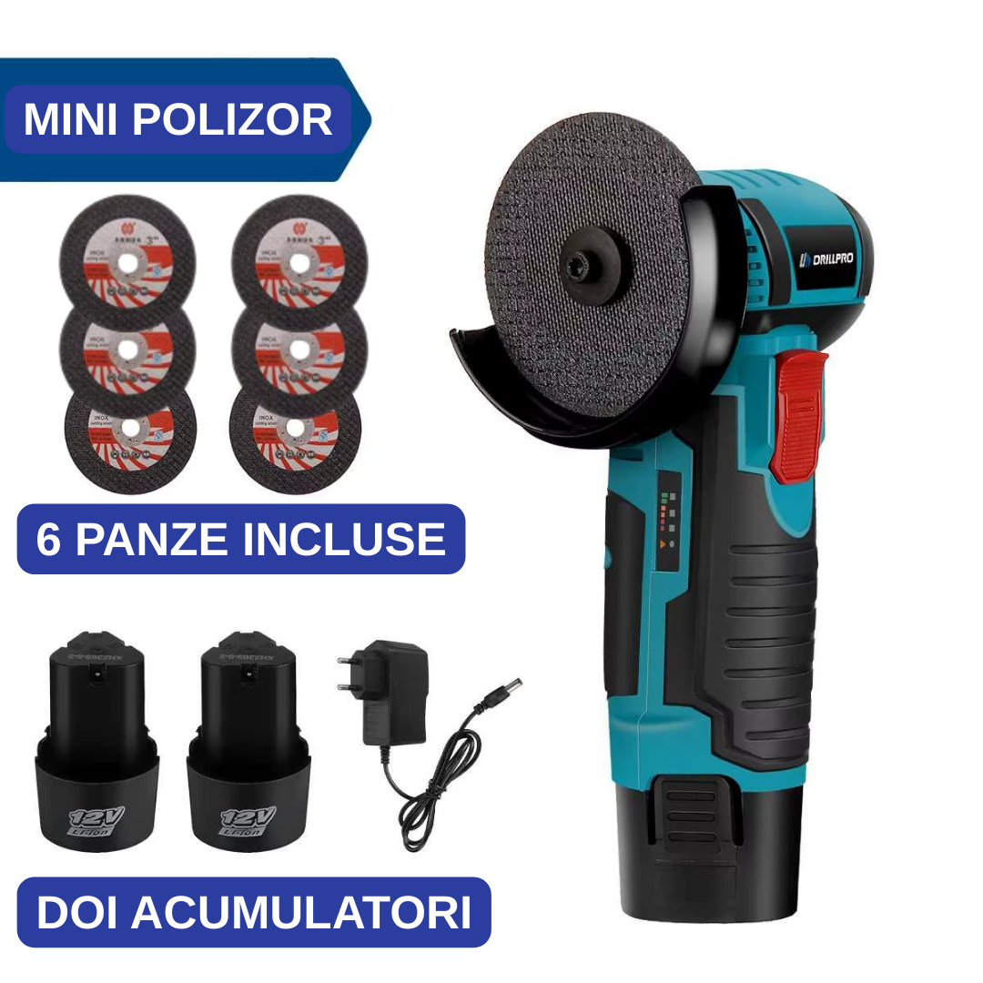Mini Polizor GrinderPro 500W cu 2 Acumulatori 48V si 6 Discuri Incluse, Portabil si Puternic pentru Taiat Metal si Lemn