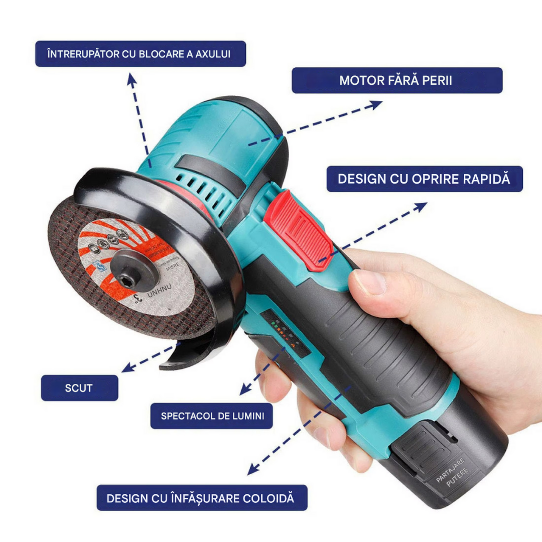Mini Polizor GrinderPro 500W cu 2 Acumulatori 48V si 6 Discuri Incluse, Portabil si Puternic pentru Taiat Metal si Lemn