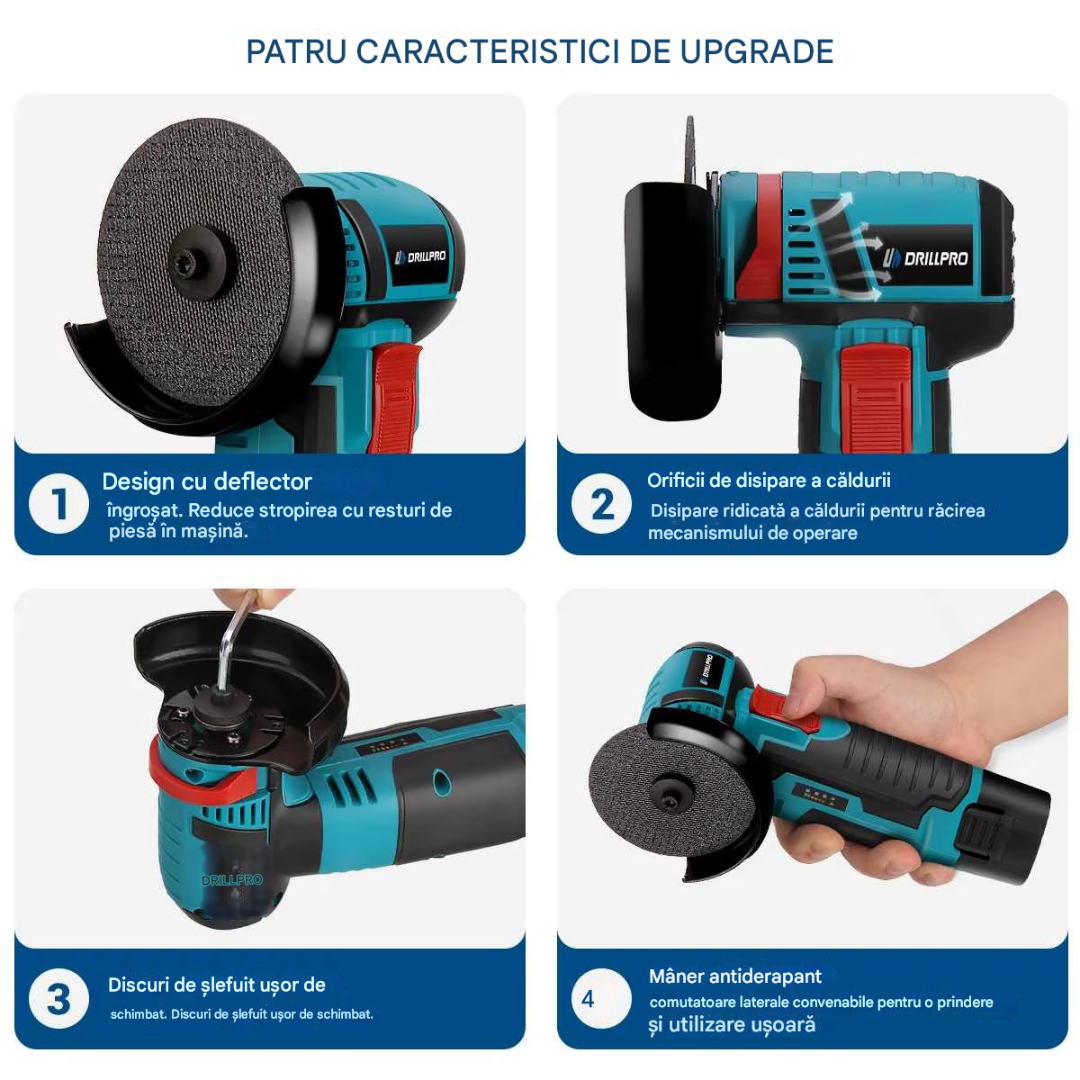 Mini Polizor GrinderPro 500W cu 2 Acumulatori 48V si 6 Discuri Incluse, Portabil si Puternic pentru Taiat Metal si Lemn