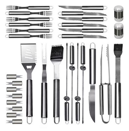 Set Profesional Ustensile Gratar 26 Piese din Inox – Cutie Aluminiu pentru BBQ, Camping si Gradina
