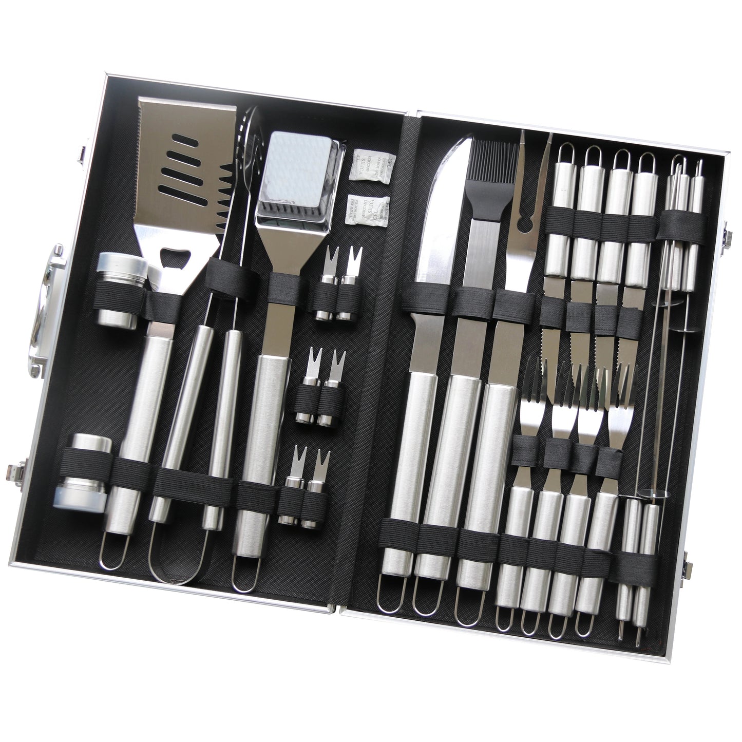 Set Profesional Ustensile Gratar 26 Piese din Inox – Cutie Aluminiu pentru BBQ, Camping si Gradina