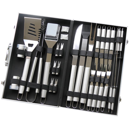 Set Profesional Ustensile Gratar 26 Piese din Inox – Cutie Aluminiu pentru BBQ, Camping si Gradina
