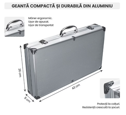 Set Profesional Ustensile Gratar 26 Piese din Inox – Cutie Aluminiu pentru BBQ, Camping si Gradina
