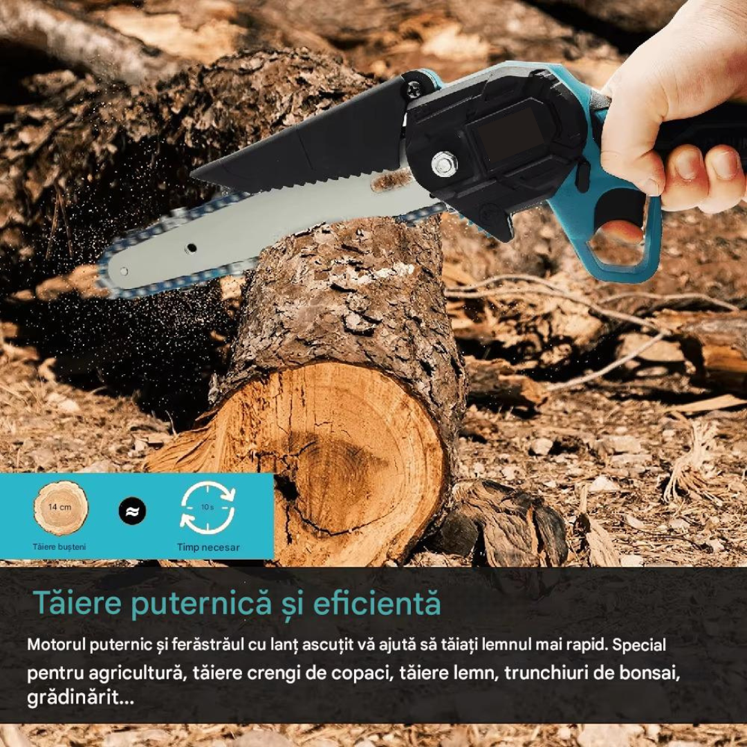 Mini Drujba Electrica cu 2 Acumulatori 24V – Fierastrau Electric Portabil pentru Taiat Lemn si Crengi