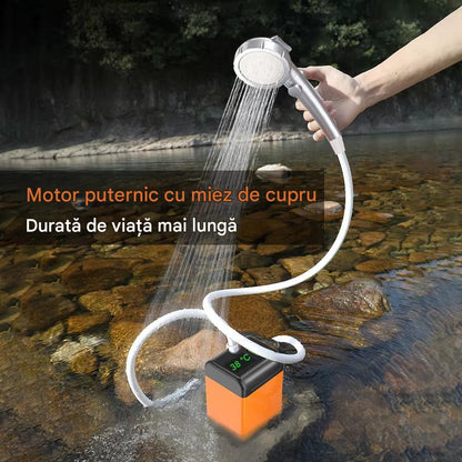 Dus Portabil pentru Camping cu Pompa Electrica si Afisaj Digital, 3 Moduri de Pulverizare, Autonomie Pana La 110 Minute, Furtun 2 m si Accesorii Complete
