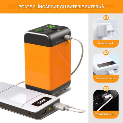Dus Portabil pentru Camping cu Pompa Electrica si Afisaj Digital, 3 Moduri de Pulverizare, Autonomie Pana La 110 Minute, Furtun 2 m si Accesorii Complete
