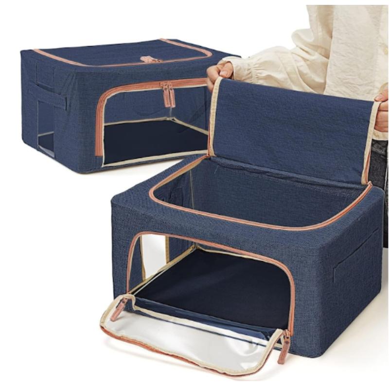 Set 3 x Organizator Pliabil cu Fermoar si Fereastra pentru Depozitare 24L + 66L + 100L, Albastru