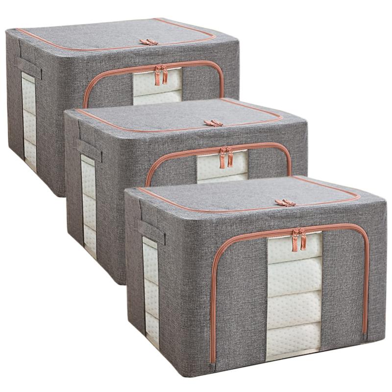 Set 3 x Organizator Pliabil cu Fermoar si Fereastra pentru Depozitare 24L + 66L + 100L, Gri