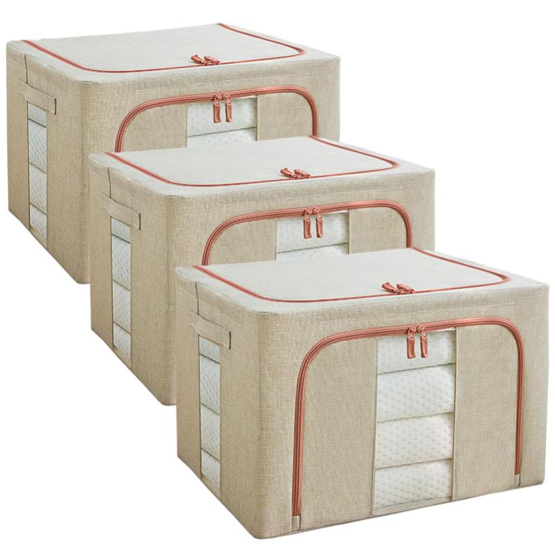 Set 3 x Cutie Pliabila cu Fermoar si Fereastra pentru Depozitare 24L + 66L + 100L, Crem