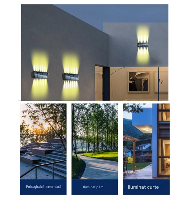 Set 4 x Lampa Solara Perete LED XF-7727, Iluminare Dubla, Alimentare Solara, Rezistenta la Apa, Iluminat Exterior Curte Terasa Gradina