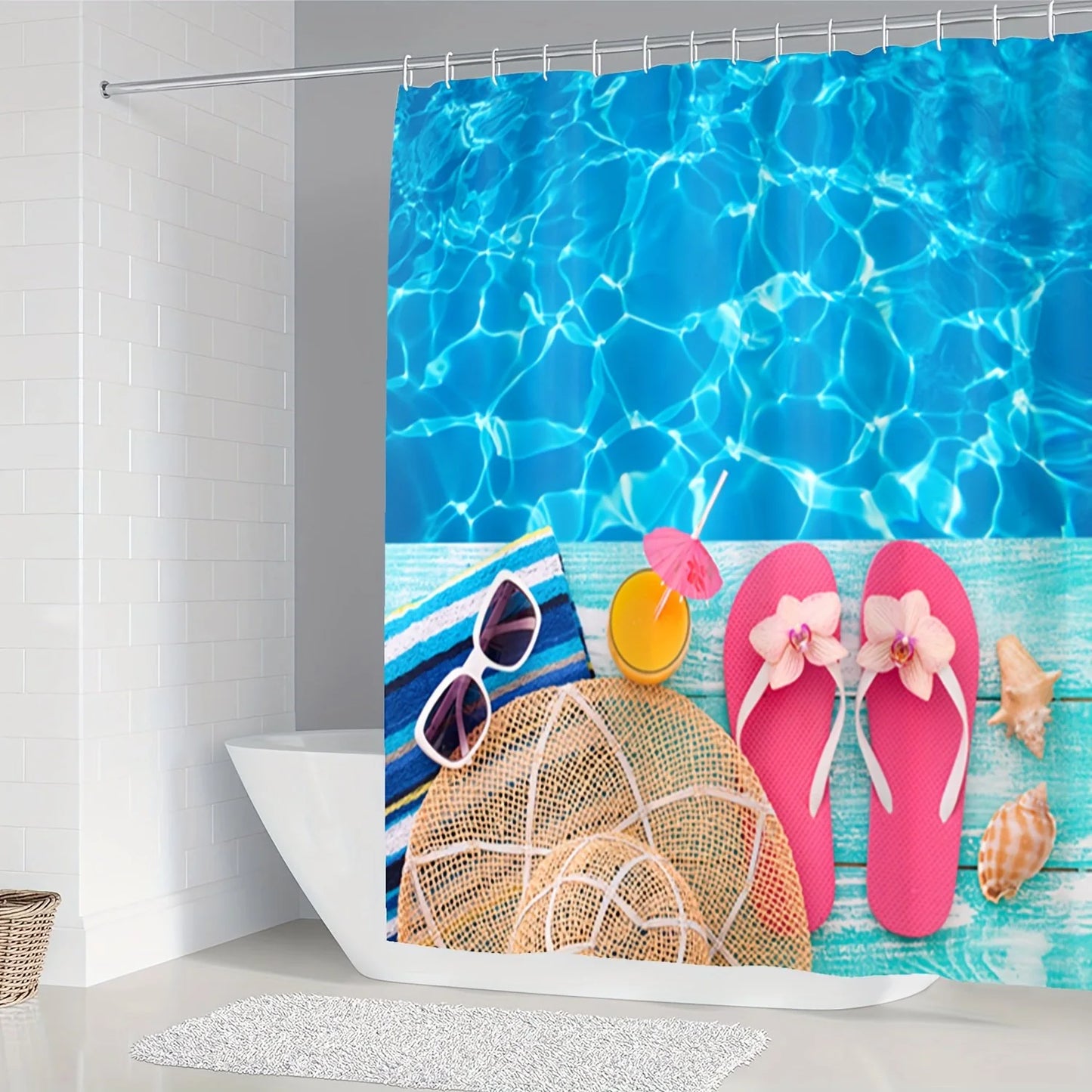 Set Pentru Baie Premium cu 4 Piese: Perdea, Covorase Si Husa De Toaleta -  Summer Beach