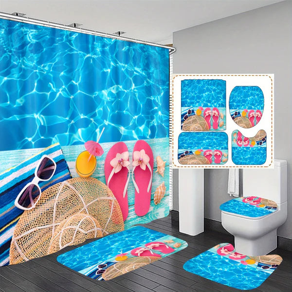 Set Pentru Baie Premium cu 4 Piese: Perdea, Covorase Si Husa De Toaleta -  Summer Beach