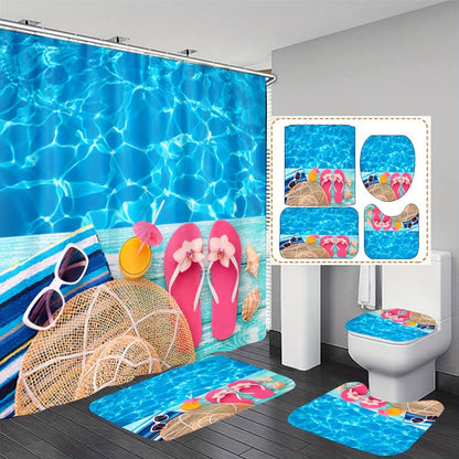 Set Pentru Baie Premium cu 4 Piese: Perdea, Covorase Si Husa De Toaleta -  Summer Beach