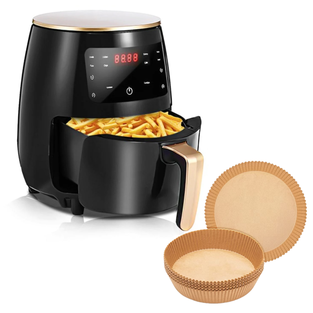 Air Fryer - Friteuza fara Ulei 6 Litri, Display Digital, 2400 W, Functie de Coacere + 100 Hartii Cadou