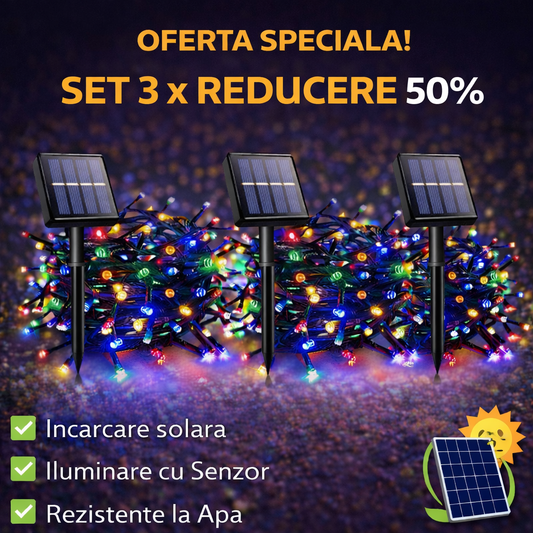 Set 3 x  Decoratiune Solara 100 LED, 10 Metri Multicolor – Iluminat Decorativ Exterior cu Panou Solar, Rezistente la Intemperii