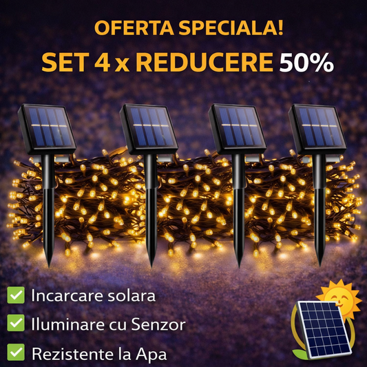 Set 4 x  Decoratiune Solara 100 LED, 10 Metri Alb Cald– Iluminat Decorativ Exterior cu Panou Solar, Rezistente la Intemperii