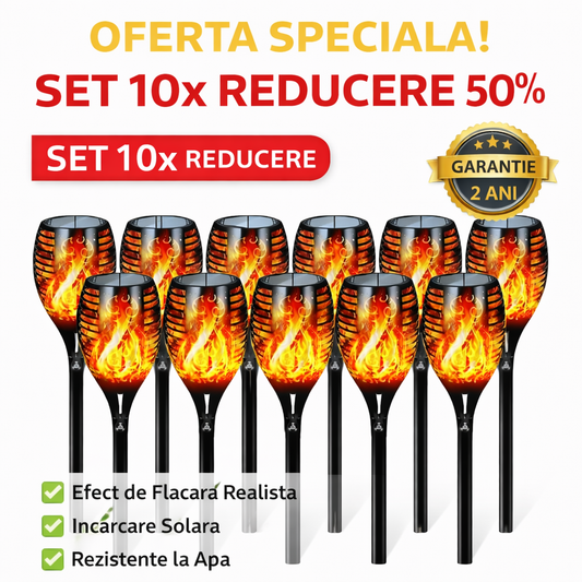 Set 10 x Lampa Solara Tip Flacara LED, Iluminat Gradina Exterior, Efect Flacara Realista, Incarcare Solara, Rezistente la Apa, Decor Gradina Premium