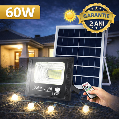 Proiector Solar LED 60W cu Panou Solar Premium, IP67 Rezistent la Apa, Iluminare Puternica Exterior Curte, Gradina, Garaj