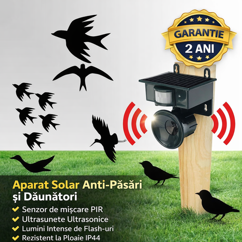 Sistem Solar Anti Pasari pentru Gradina, Terasa si Acoperis – Aparat cu Ultrasunete si Detector Miscare
