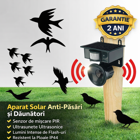 Sistem Solar Anti Pasari pentru Gradina, Terasa si Acoperis – Aparat cu Ultrasunete si Detector Miscare