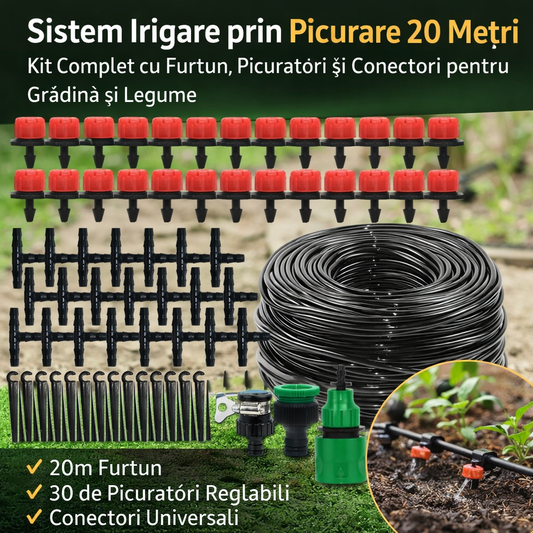 Sistem Irigare prin Picurare 20 Metri – Kit Complet cu Furtun, Picuratori si Conectori pentru Gradina si Legume